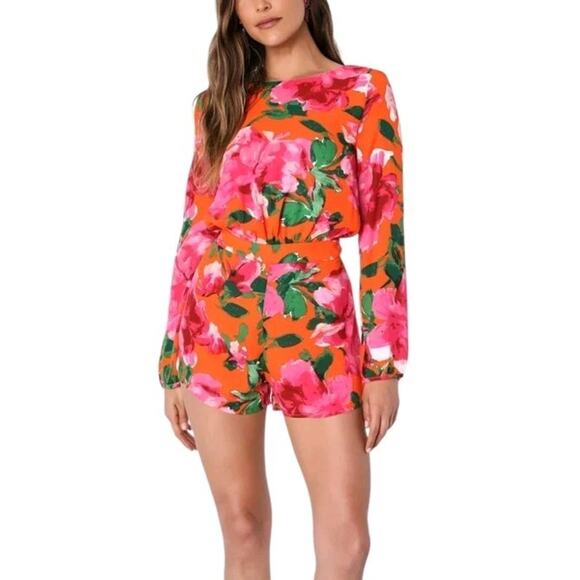 LULU'S Sweetest Song Orange Floral Backless Long Sleeve Romper Medium Summer NEW - Picture 1 of 15